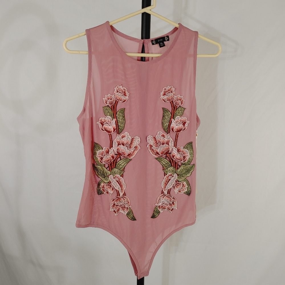Iris Pink Mesh Bodysuit 1X Floral Embroidered Sheer Sleeveless NWT Y2K Top